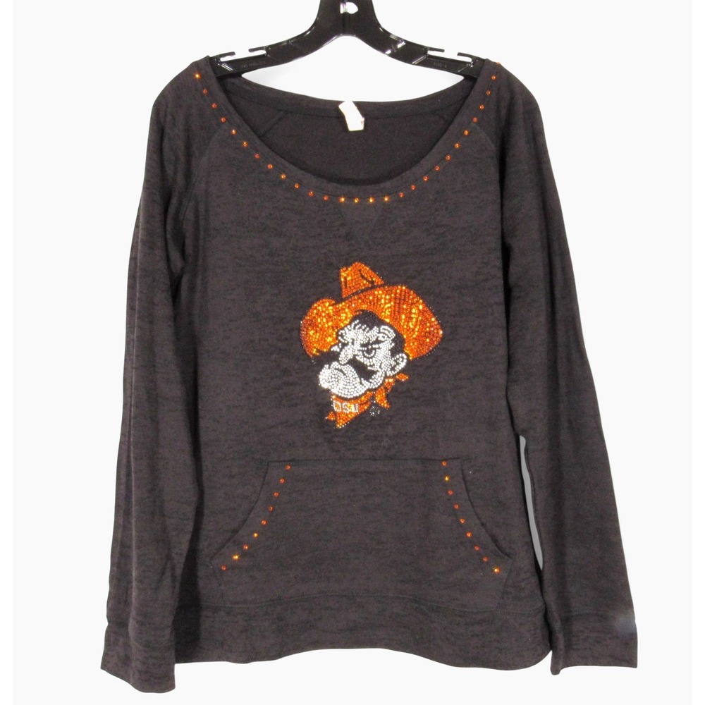 ENZA Black OKLAHOMA STATE COWBOYS Rhinestones PISTEL PETE MASCOT Sweatshirt Sz L